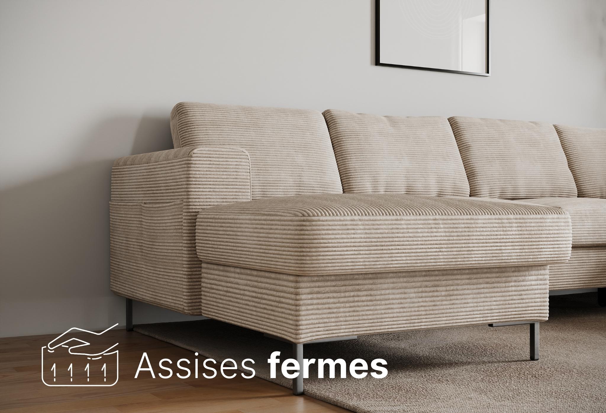 Vue latérale du canapé en U en velours beige avec assises fermes pour un confort avec bon maintien
