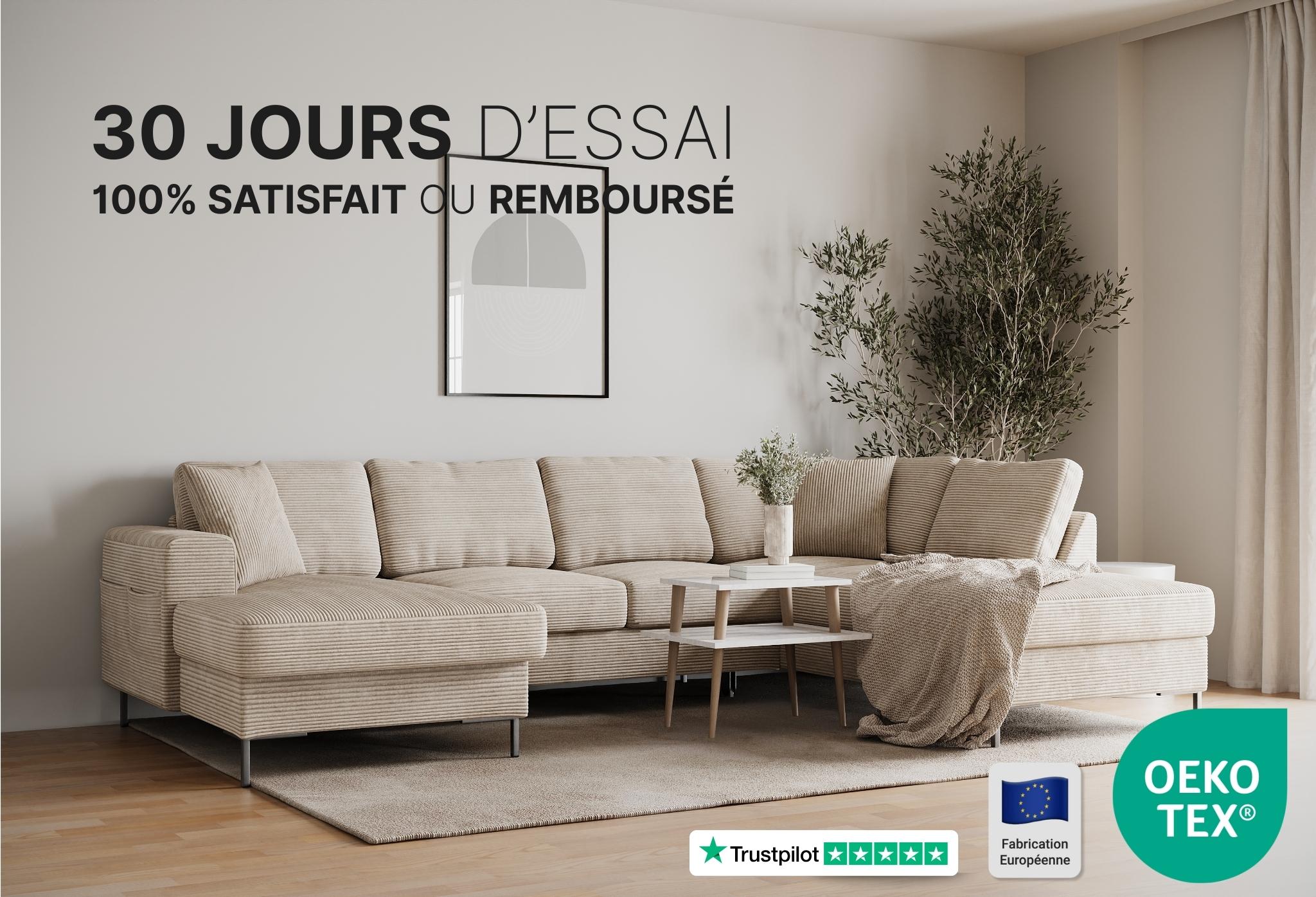 Canapé en U convertible en velours beige avec fonction lit et coffre de rangement